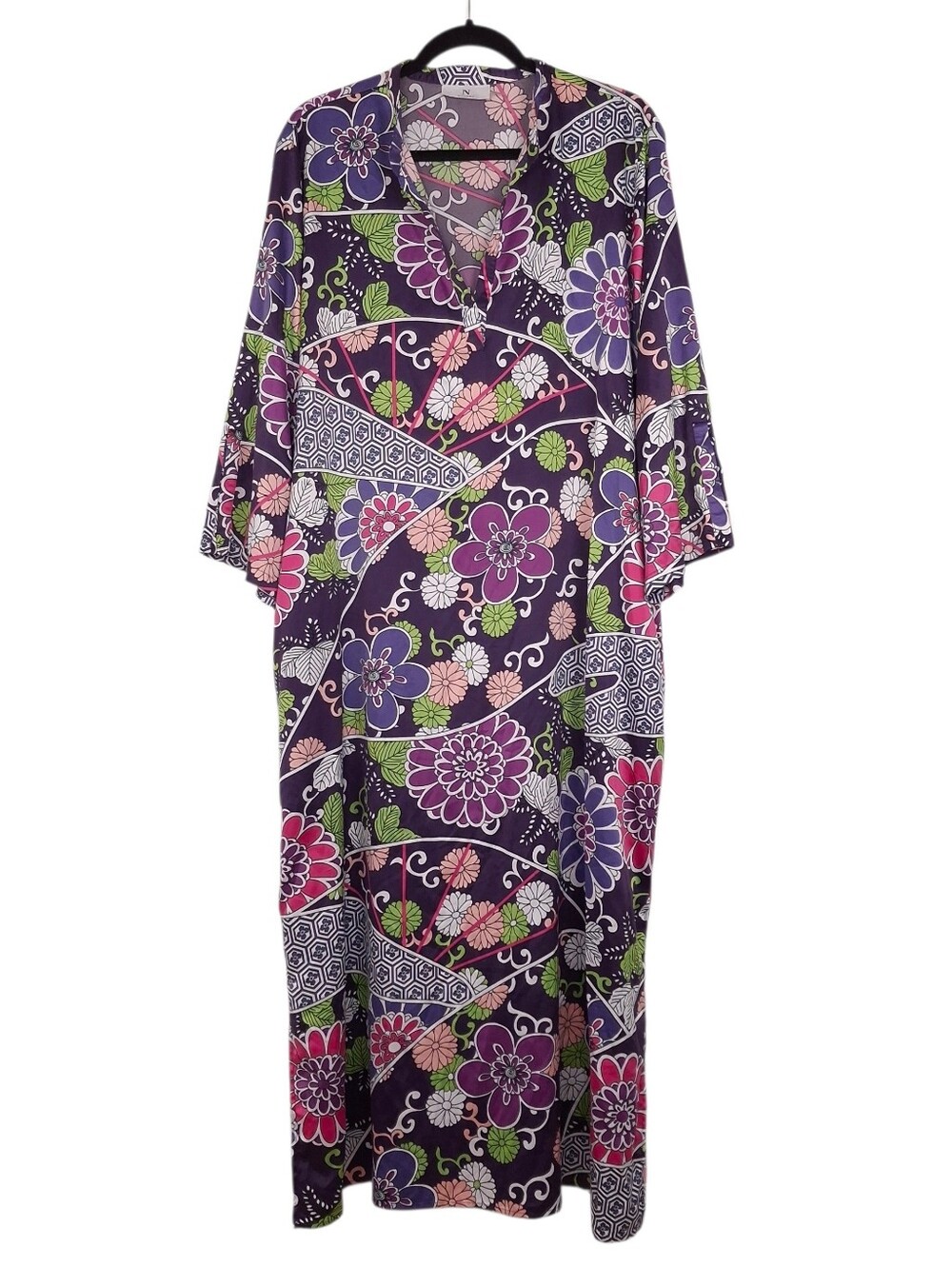 N Natori Zuri Mandarin Caftan midi nightgown satin floral boho colorful flowy